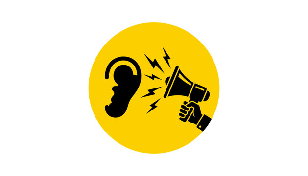 Black sound and audio equipment icon featuring microphone and megaphone with lightning symbols representing loud noise, broadcasting and communication