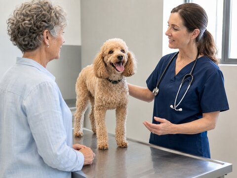 Tier&auml;rztin untersucht einen Hund in der Tierarztpraxis und spricht mit der Besitzerin, professionelle tiermedizinische Betreuung und vertrauensvolle Beratung.