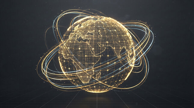 International electronic commerce and global digital retail network background, abstract 3D planet sphere with golden grid nodes, e-commerce business concept illustration