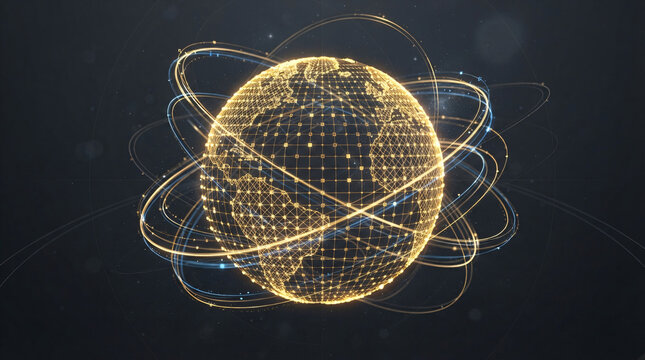 International electronic commerce and global digital retail network background, abstract 3D planet sphere with golden grid nodes, e-commerce business concept illustration