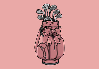 Obraz premium Cute pink golf bag with golf clubs and a decorative bow, hand-drawn vector illustration on a solid pink background, front view