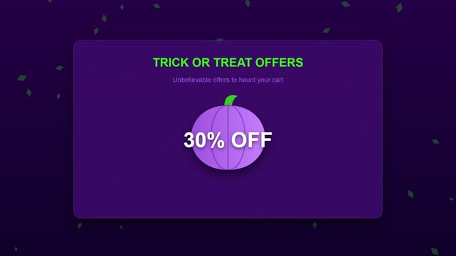 Trick or treat offers pumpkin animation with thirty percent discount for halloween sale event