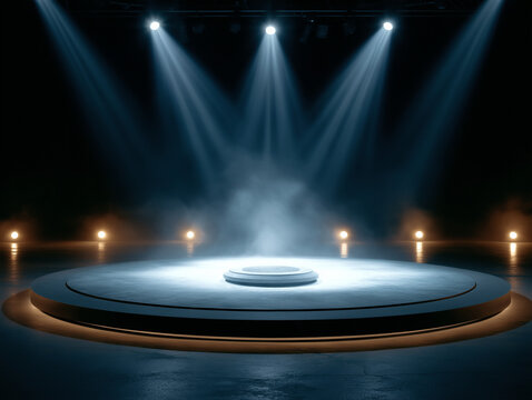 Blue Spotlights Over Small Round Podium