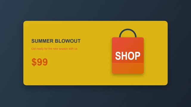 Summer blowout shopping sale banner with orange bag icon and ninety nine dollars price tag