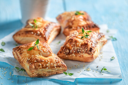 Tasty and unique sausage roll as a snack for breakfast.