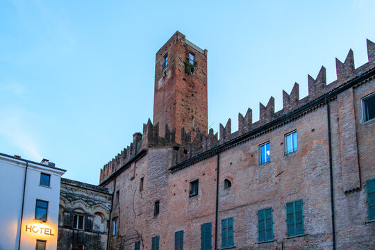 Historic Brick Tower and Wall with Battlements in Old Town, Italy, Lombardy, Mantua, 3 June 2026