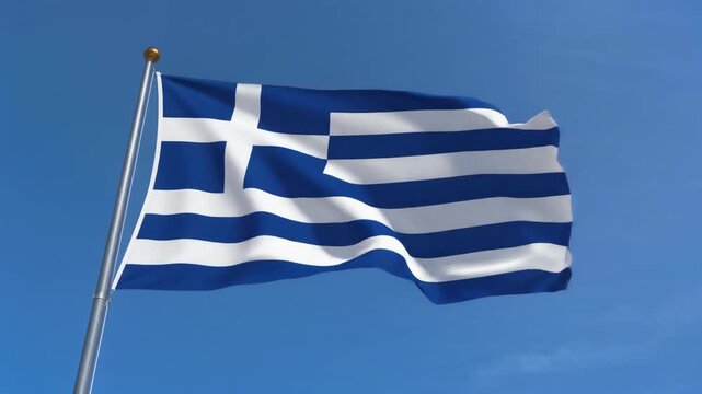 Greece Flag Waving on Metal Flagpole Against Clear Blue Sky