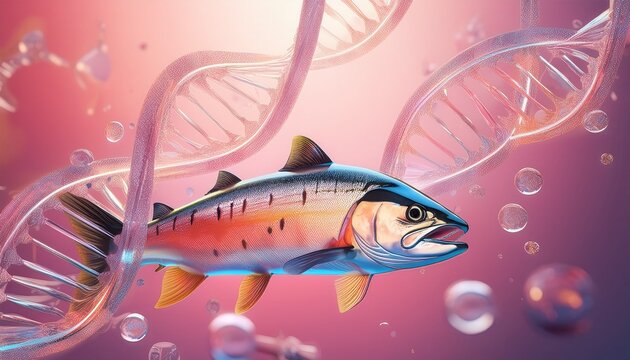 conceptual 3d render of salmon fish swimming among glowing glass dna helices and molecules on a pink background pdrn anti aging skincare and marine biotechnology concept