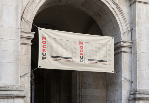 Fabric Banner Hanging from Architectural Entrance Mockup