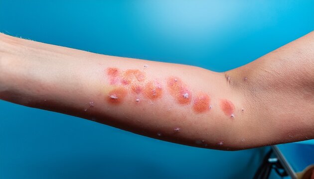 nahaufnahme eines arms mit starkem allergischen hautausschlag rotungen und juckendem ekzem medizinischer hintergrund in einer klinik konzept fur dermatologie hautkrankheiten und allergiebehandlun