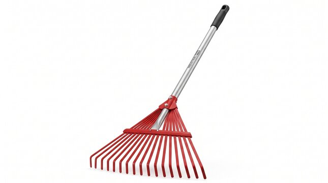 Red garden rake tool isolated on white background for yard maintenance with displays red plastic silver metal handle lying white surface landscaping