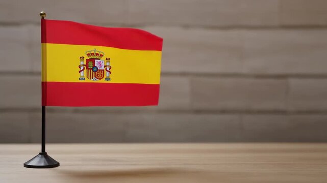 Small Spain Flag Waving on Wooden Table Desk Stand Isolated on Light Wall Background