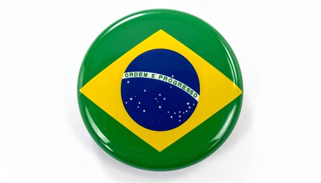 Round Glossy Brazil Flag Pin Badge Button Isolated on White Background