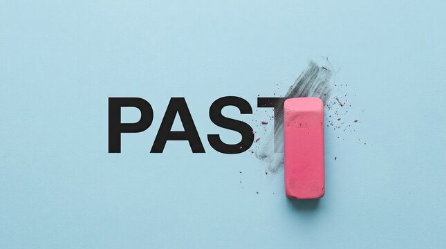 Pink eraser removing the word past on a light blue textured background concept of forgetting with symbolizing act forgetting altering past events eraser actively erasing letting go transformation
