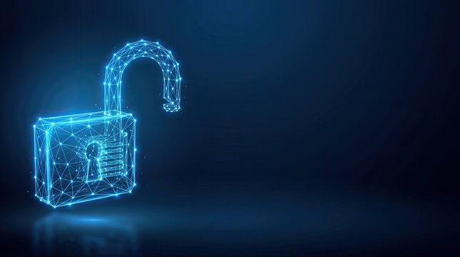 Digital unlocked padlock security concept wireframe glowing blue network connection with blue gradient background unlocked against dark communication cybersecurity internetwork breakthrough data