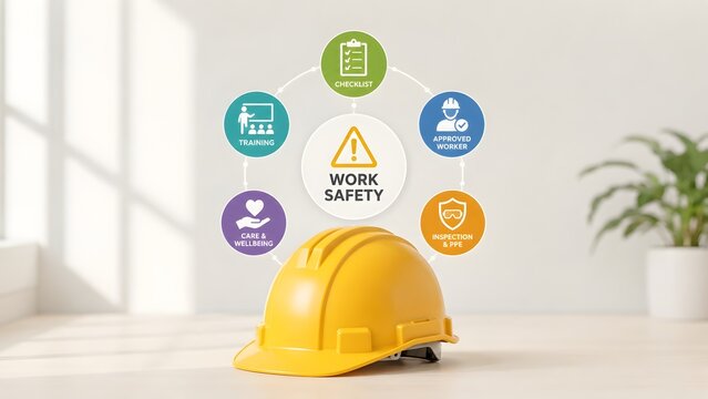 Workplace safety concept with yellow hard hat and occupational health and safety infographic chart on office desk