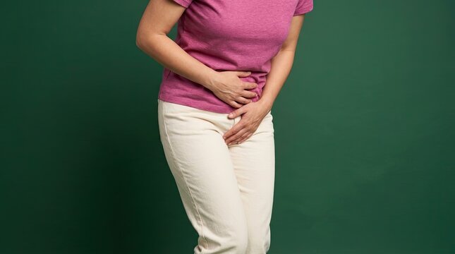 Woman holding abdomen in discomfort experiencing pain with holding her lower abdomen both hands woman pink shirt beige pants conveying sense pain discomfort gastrointestinal uncomfortable illness