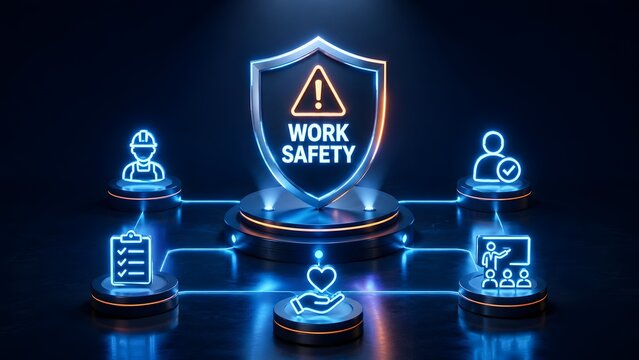 Futuristic neon glowing shield with work safety text and occupational health hazard prevention icons on podiums