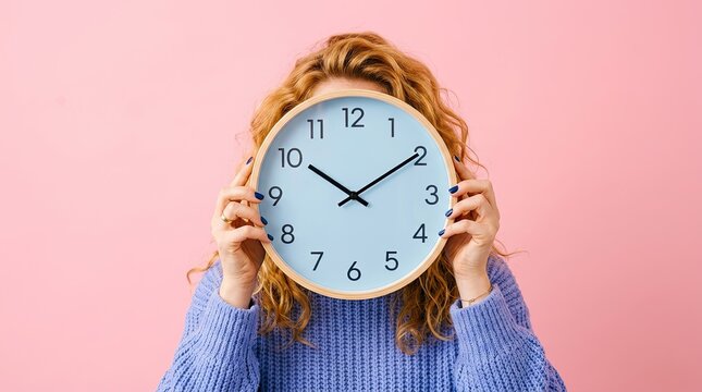 Woman hiding face behind round wall clock with wooden frame against pink background with clock front her woman holding against solid close up measurement decoration minimalist appliance person