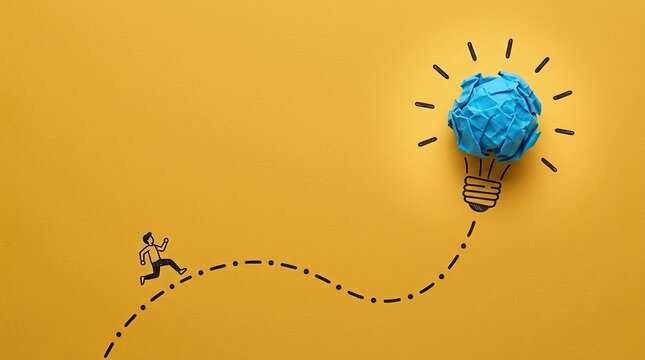 Doodle person running on dashed line path towards blue crumpled paper light bulb idea symbol with bulb yellow background black line drawing simple black communication illustration inspiration with new