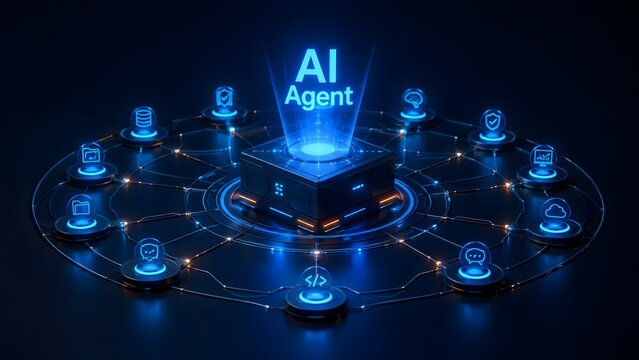 Centralized AI Agent holographic projection on a futuristic digital network grid with interconnected tech icons representing artificial intelligence ecosystem and automation