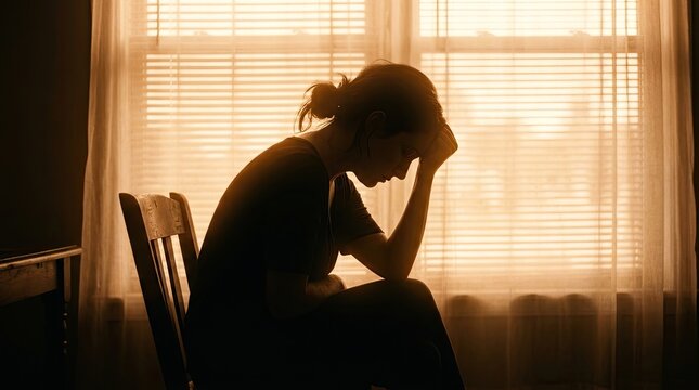 Silhouette of a woman sitting in a chair with head in hands illuminated by window light with her head bowed hands covering her face bathed warm diffused contemplation understanding loneliness sad