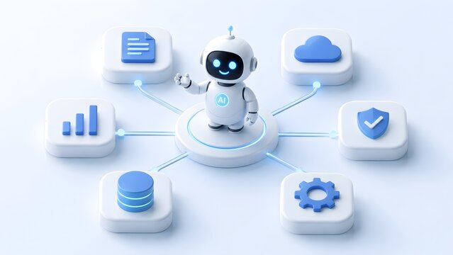Cute 3D artificial intelligence robot assistant connecting to digital cloud data security and business analytics icons on a clean white background