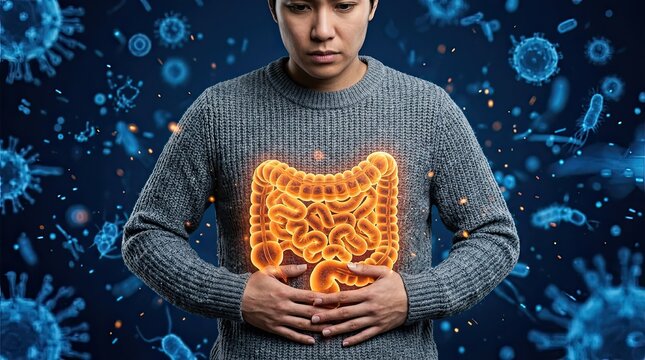 Person holding abdomen with glowing intestines surrounded by microscopic bacteria and viruses on dark blue background with where glowing representation intestines visible backdrop filled various art