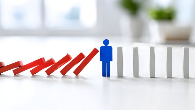 Blue human figure standing firm to stop falling red dominoes in a bright office environment, symbolizing corporate resilience and effective crisis management.
