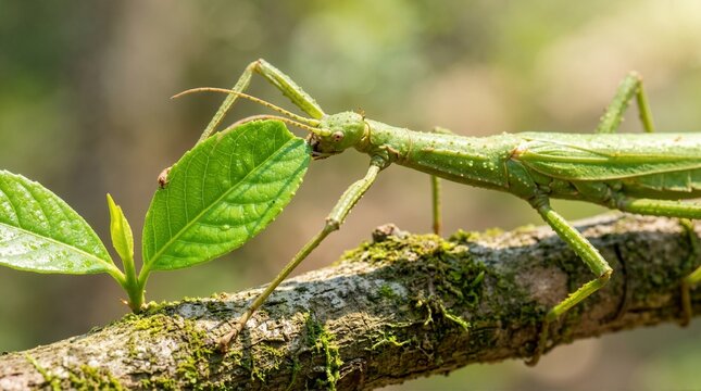 Feeding stick insect on fresh leaves. Close up of green phasmid eating leaf on branch. Exotic pet and insect wildlife concept