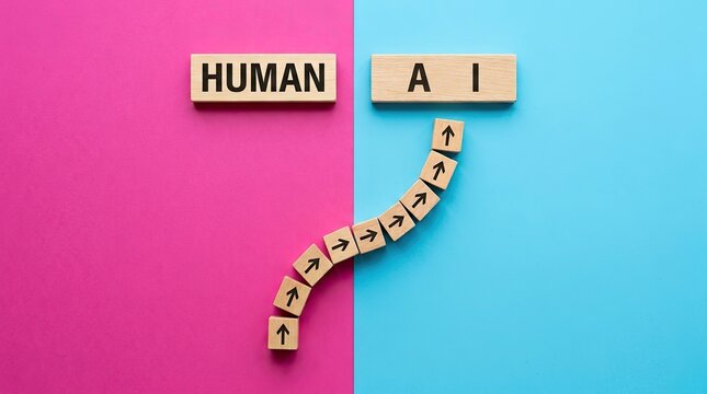Wooden blocks bridge gap between human and ai concepts on contrasting pink with arrowed blocks forming path one other words human transformation communication collaboration intelligence progress