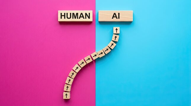 Wooden blocks connecting human and artificial intelligence via directional arrows on pink with split colored background arrows bridging words integration development technology connection bridge