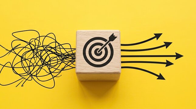 Wooden cube with target and arrow symbol amidst chaotic lines and directed arrows on yellow background with black lines transitioning directionality visualization organization composition concept
