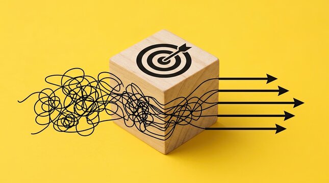 Wooden cube transforms chaotic lines into organized arrows towards target symbol with scribbles another symbolizing symbolizing order disorder one side chaotic depicts wooden transformation focus