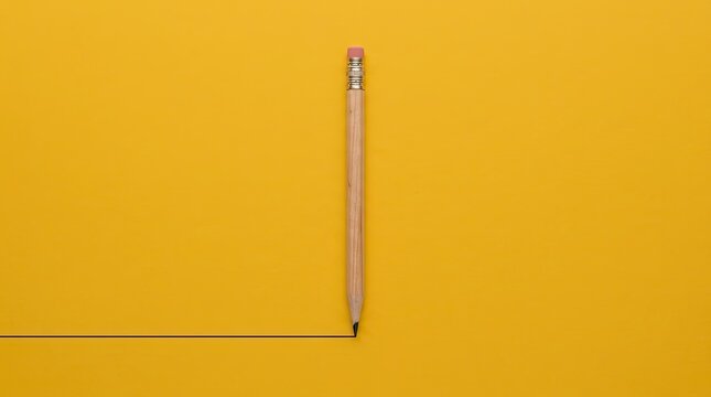 Single wooden pencil drawing a straight black line on a vibrant yellow background minimalist concept with eraser creating straight bright yellow surface pencil pink creativity instrument overhead
