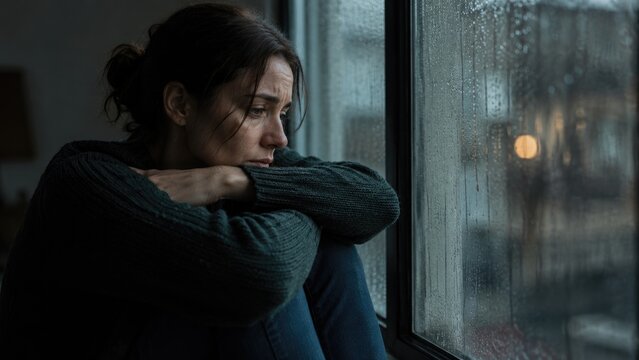 Sad Woman Sitting Alone by Rainy Window Feeling Lonely and Depressed