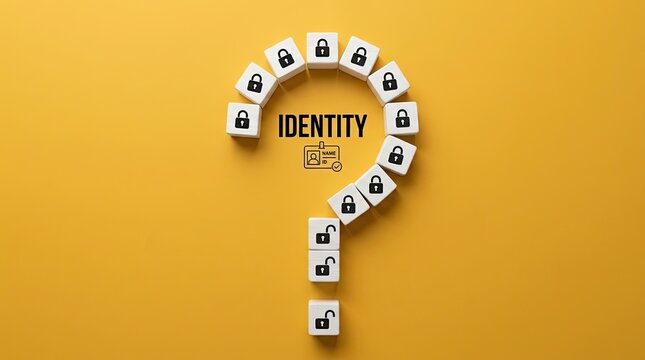 Question mark formed by cubes with padlock icons and identity symbol representing security with against yellow background white cubes arranged confidentiality authentication verification password