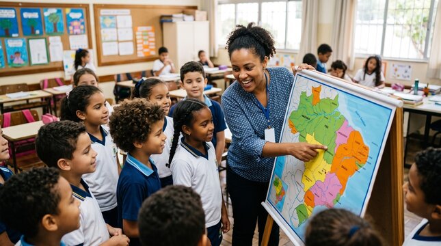 Teacher points to map of Brazil teaching geography to diverse group of elementary school students in classroom