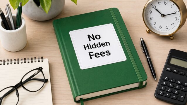 No Hidden Fees Concept with Notebook Calculator Clock and Office Supplies