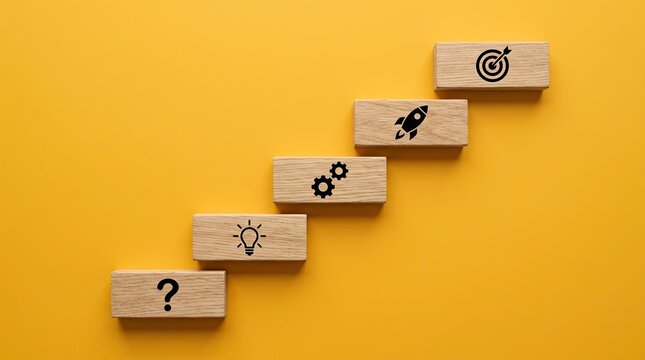 Wooden blocks staircase illustrating business growth stages question idea process launch goal with each featuring business concept icon question mark lightbulb lightbulb gears rocket flat lay ship