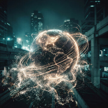 Global crowdsourcing and international business collaboration concept background, abstract 3D planet globe with glowing white and yellow particle streams, collective intelligence graphic
