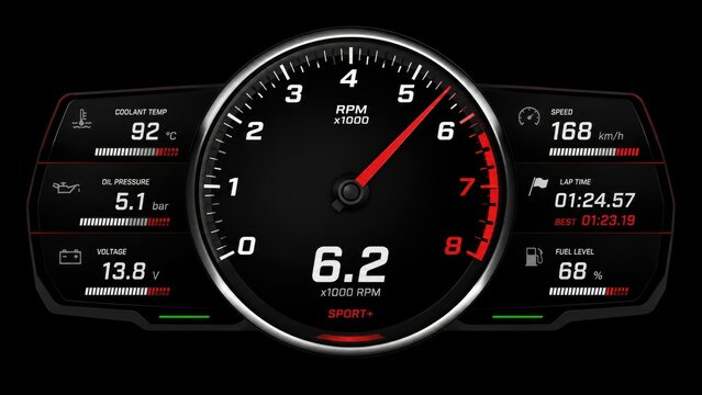 Digital Racing Car Dashboard with Tachometer and Performance Data Display