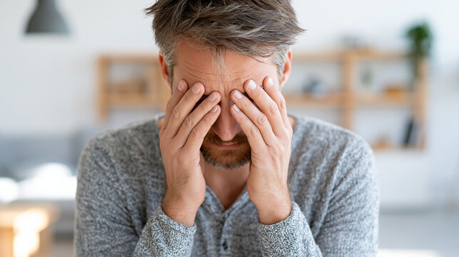 Stressed Caucasian man with gray hair holding his face in despair indoors.
