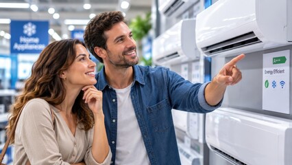 Fototapeta premium Couple Choosing Energy Efficient Air Conditioner in Home Appliance Store