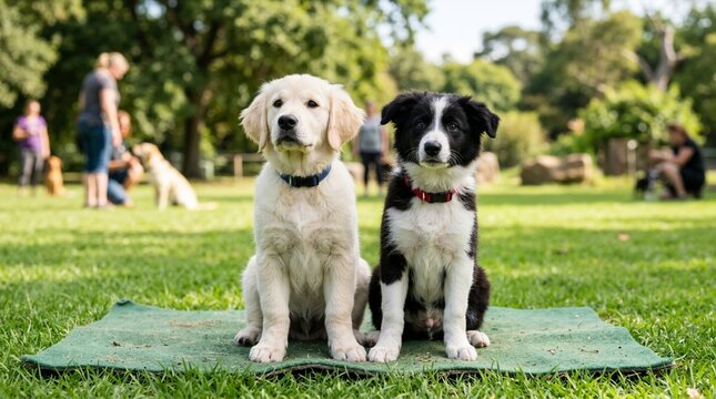 Two puppies sitting together during obedience training. Golden retriever and border collie puppy on green mat in park. Dog school and pet education concept
