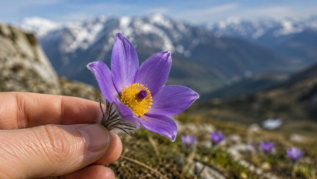 Hand Holding Purple Alpine Flower Against Scenic Mountain Landscape