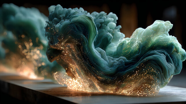 Emerald crystal sculpture glowing golden reflections elegant abstract fantasy art Images