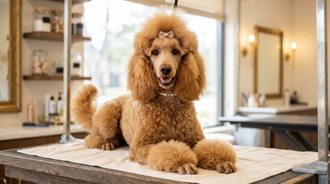 Groomed apricot poodle with pom poms on grooming table. Elegant dog with bow after styling in salon