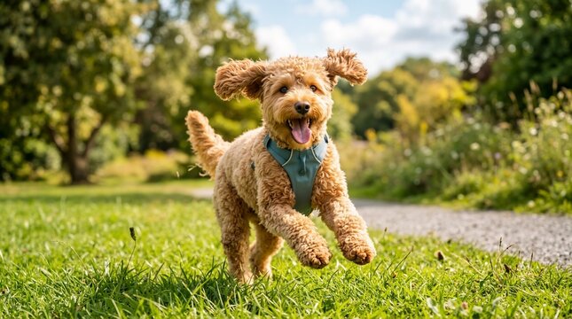 Happy poodle mix dog running in park. Fluffy goldendoodle playing outdoors on green grass