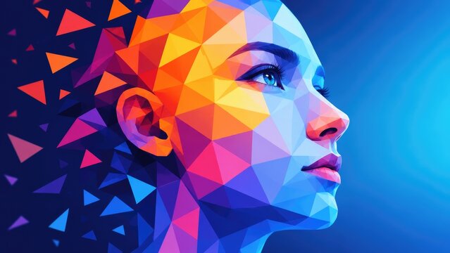 Colorful Geometric Low Poly Female Face Portrait with Abstract Polygon Design